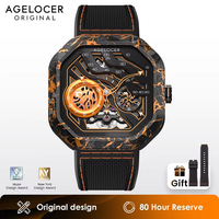AGELOCER Men's Square Luxury Skeleton Automatic Mechanical Watch Carbon Fibre Case Original Volcano Design Birthday Gift