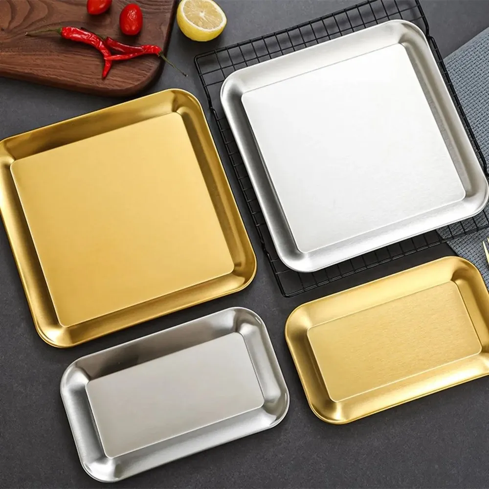 

2PCS/SET Flat Design Stainless Steel Tray Wear-resistant Thickened Shallow Tray Square Solid Color Seafood Plate Buffet