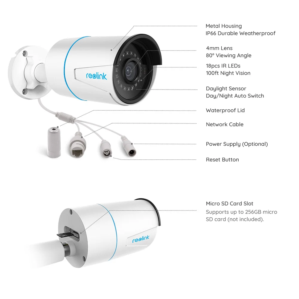 Câmera de Segurança Inteligente com Visão Noturna Infravermelha, Câmera Exterior, Destaque com Detecção Humana ou Automóvel, 5MP, RLC-510A, Top