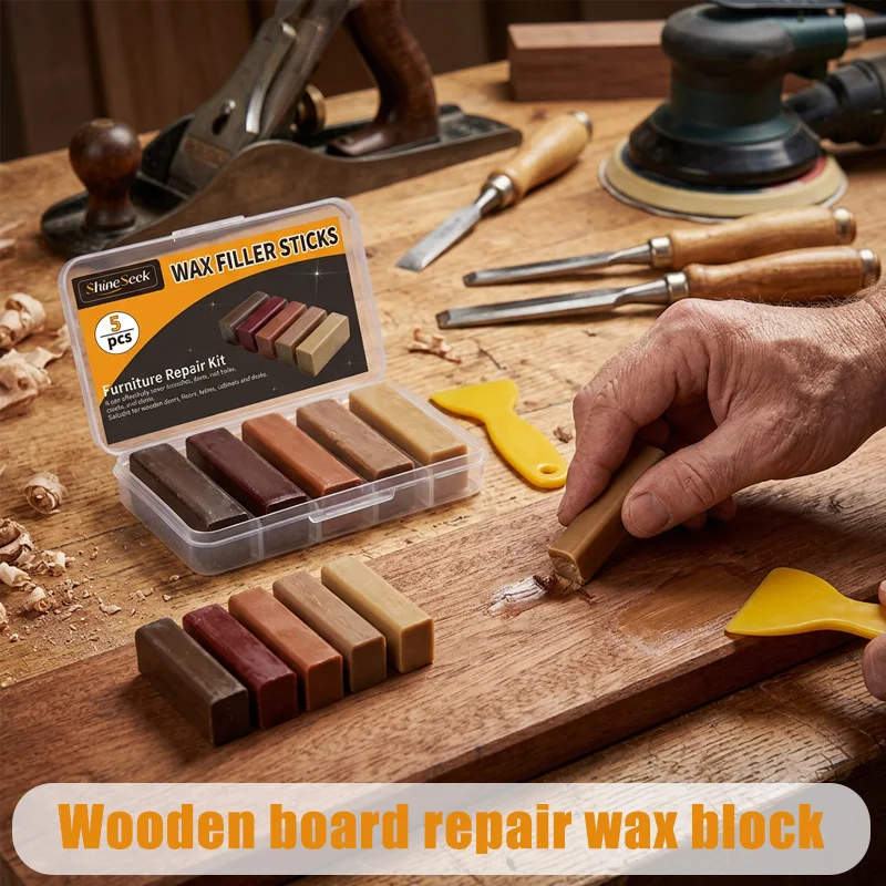 5Pcs Super Strong Dark Wax Blocks + 1Pc Scraper Set —— Dark Brown Series Wood Filler Wax Block Kit, Suitable for Wooden Furniture and Floors, Furniture Repair Marker Pen, Linseed Oil Floor Repair Set with Scraper, Effectively Covers Scratches, Dents, Nail Holes, Cracks, and Stains Suitable for Wooden Doors, Floors, Tables, Cabinets, Desks. Indispensable Woodworking Tools, a Great Choice!