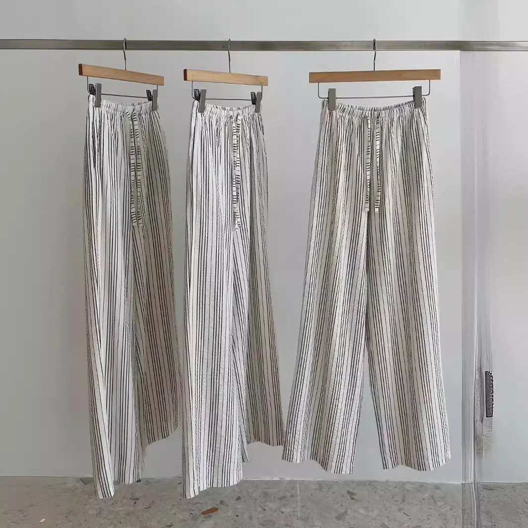 XIZOU Spring 2025 Wide Leg Pants Casual Long Trousers Bubble Cotton Stripe Design Elastic Waist Women's Faion Comfortable Fit