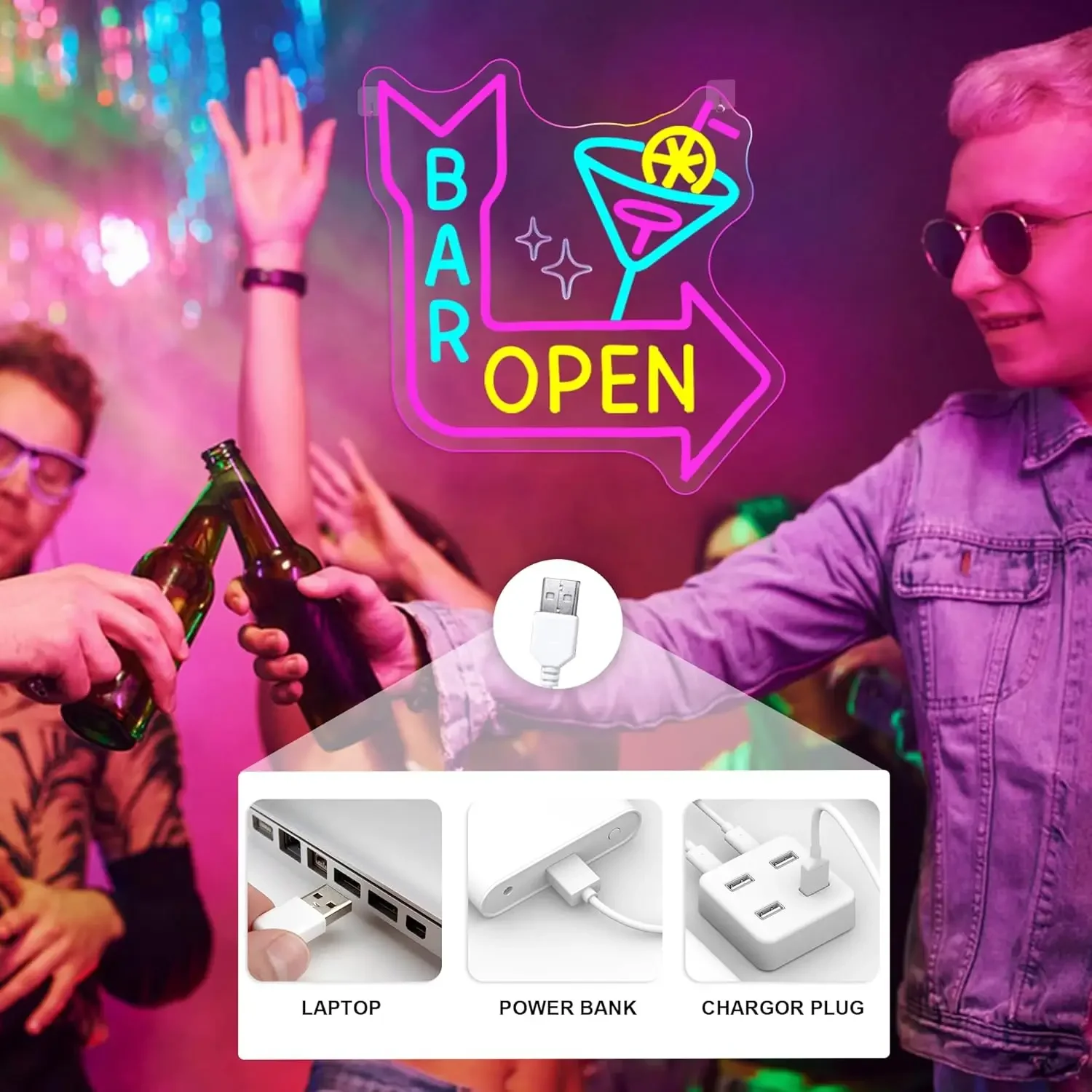 Bar Open Neon Sign LED Wall Art Pink Blue Martini Glass Arrow USB Powered Dimmable Acrylic Glow Lamp Pub Party Home Decor