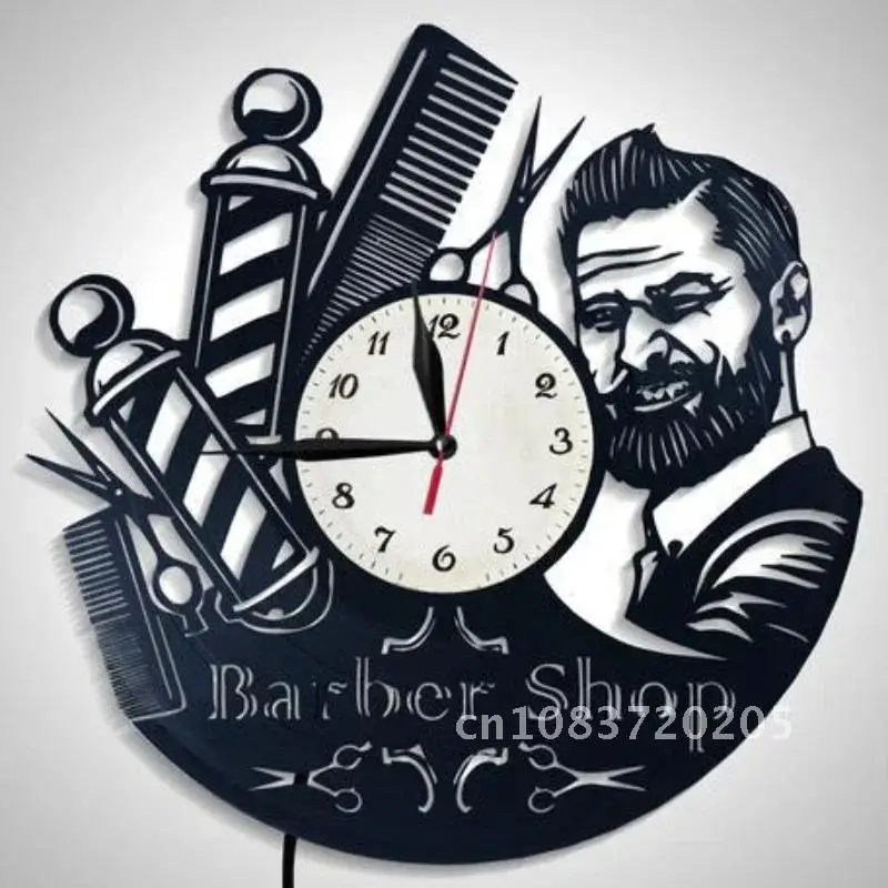 Barber Fashion Art Wall Clock Remote Control LED Night Light Home Decoration Barber Shop Creative Gift Decoration Clock