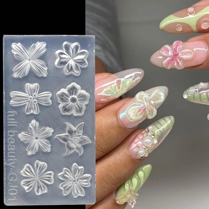 Spring Flower Petals Silicone Nail Mold Lily Cherry Blossom Floral DIY Design Manicure Template Carving Nail Art Stencil Tools