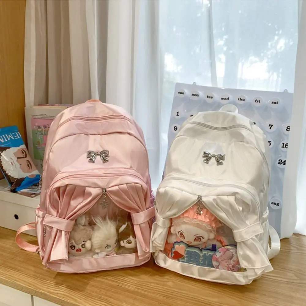 

Large Capacity Transparent Pocket Curtain Backpack Nylon Clear Cotton Doll Itabag Bow Creative Badge Display Ita Bag Lolita