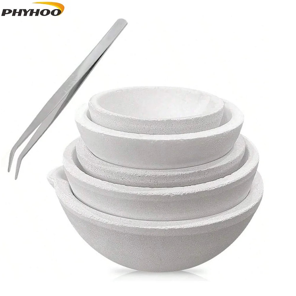 PHYHOO Metal Melting Bowl with Tweezers Five Models Ceramic Quartz Melting Set Jewelry Refining Suitable Gold Silver Brass Alloy
