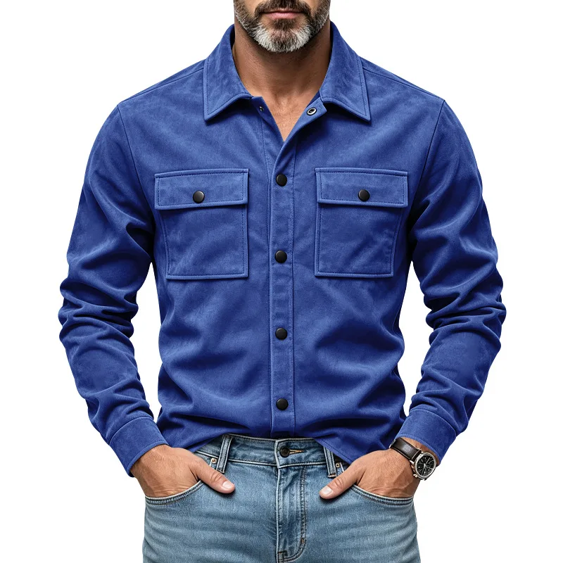 Spring Autumn Mens Heavyweight Casual Shirts Long Sleeve Loose Cargo Shirt Solid Turn Down Collar Corduroy Fashion Male Blouse