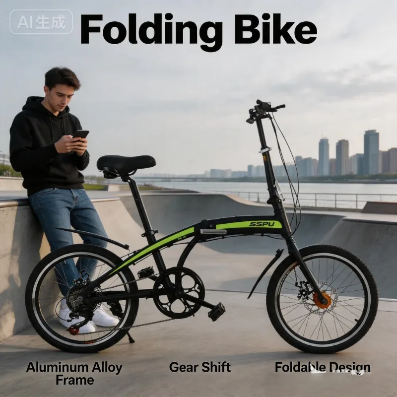 UltraLight 20 Inch Folding Bike - Aluminum Alloy Portable City Commuter Bicycle 7-Speed Grey Lightweight Travel Bike Bicycle