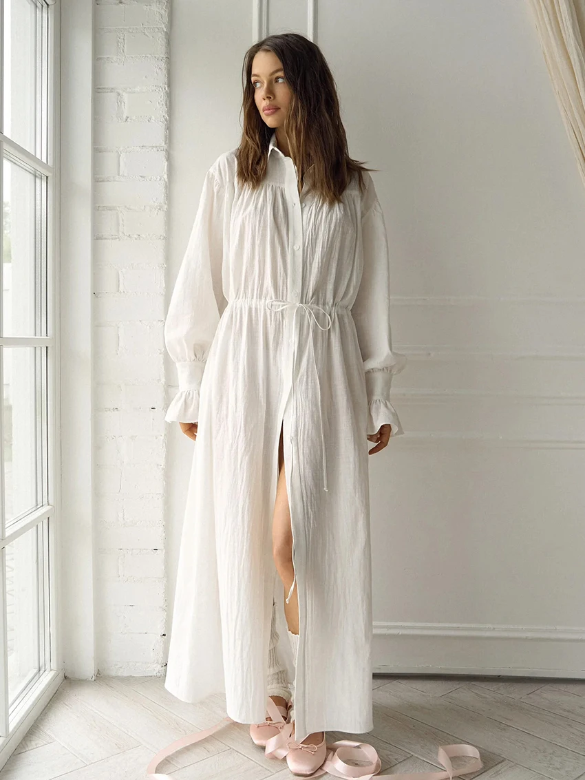 

Marthaqiqi Cotton Ladies Pajama Lace Up Sleepwear Turn-Down Collar Nightgown Long Sleeve Nightie Ankle-Length Dress Home Clothes