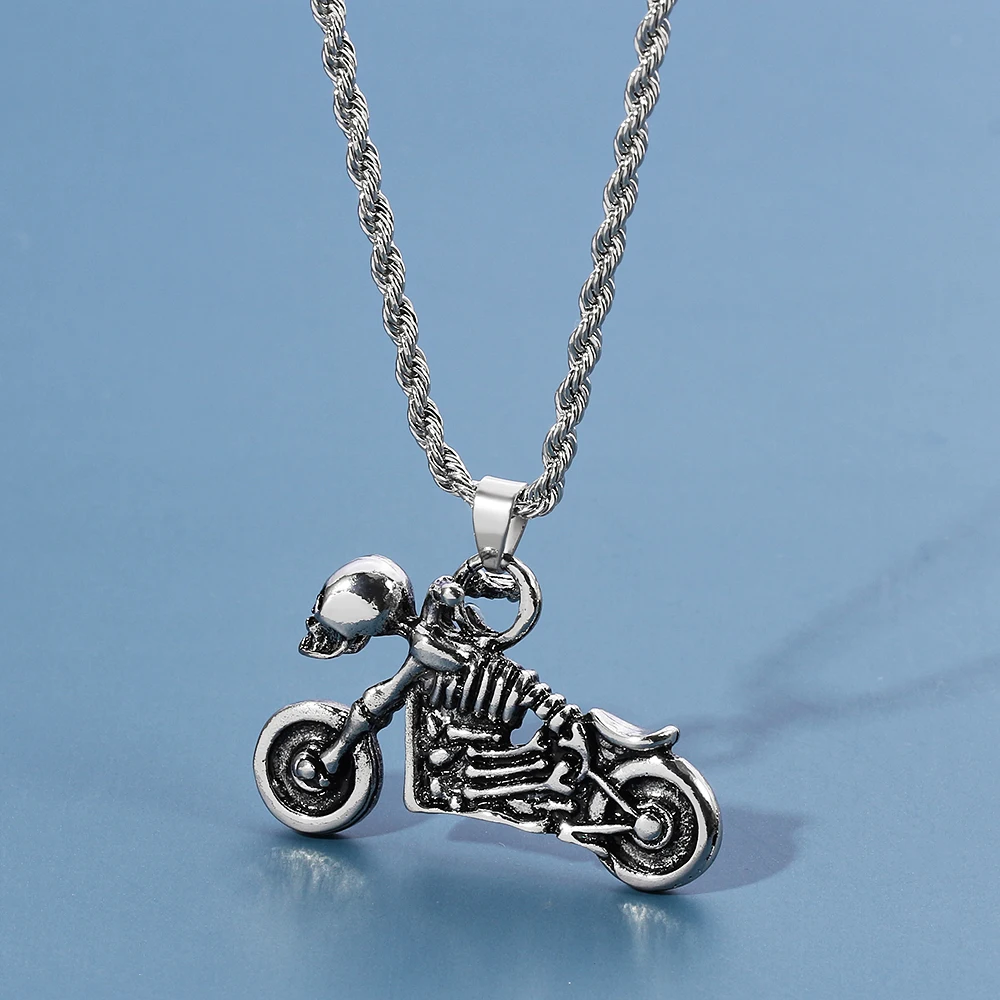 Retro Hip Hop Skeleton Motorcycle Necklace Fashion Punk Style Pendant Clothing Jewelry for Men Personality Accessories