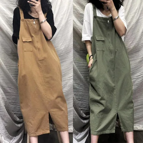 Retro Loose Midi Overall Dress Spring Summer Korean Style Slim Dresses Jumpsuit Playsuit