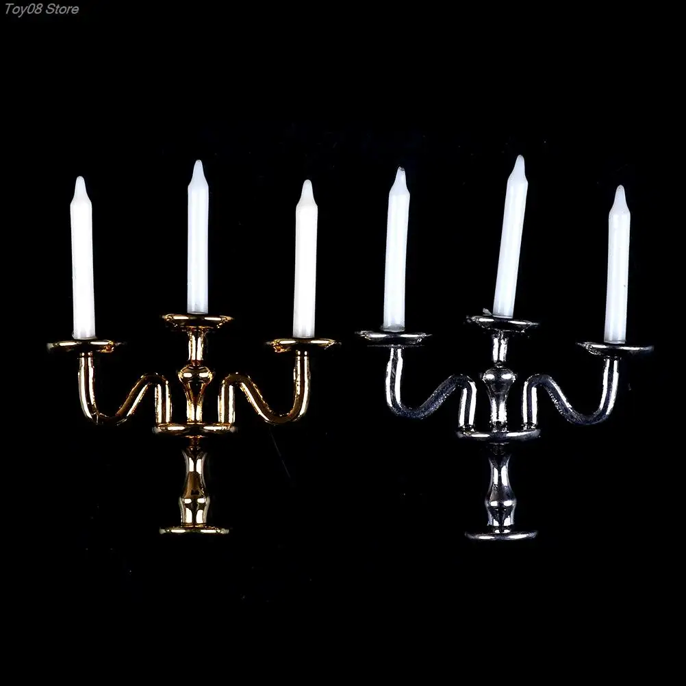 1:12 Scale 1pc 3-arm Miniature Candlesticks Candelabra Dollhouse White Candles Furniture Toy Pretend Play Doll House Accessories