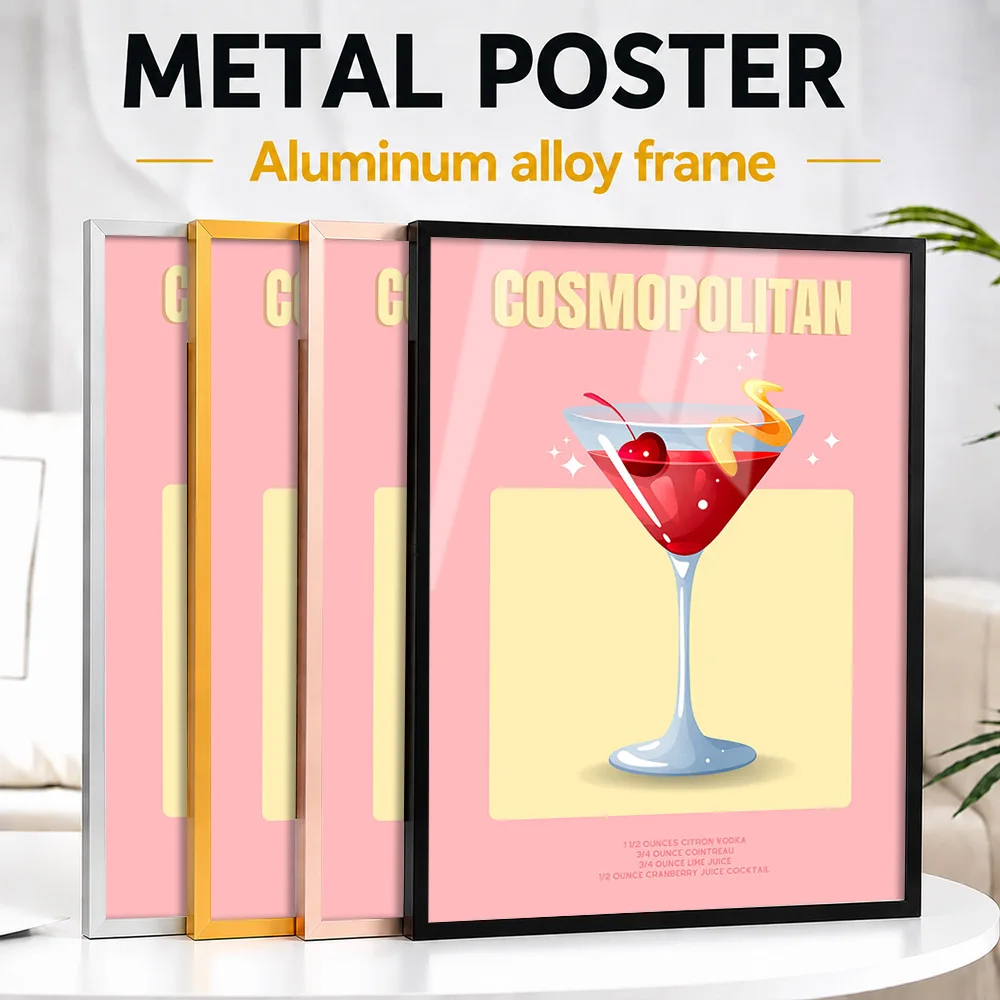 Cosmopolitan Cocktail Illustration Metal Poster With Aluminum Alloy Frame Personalized Bar Menu Wall Art For Kitchen Host Gift