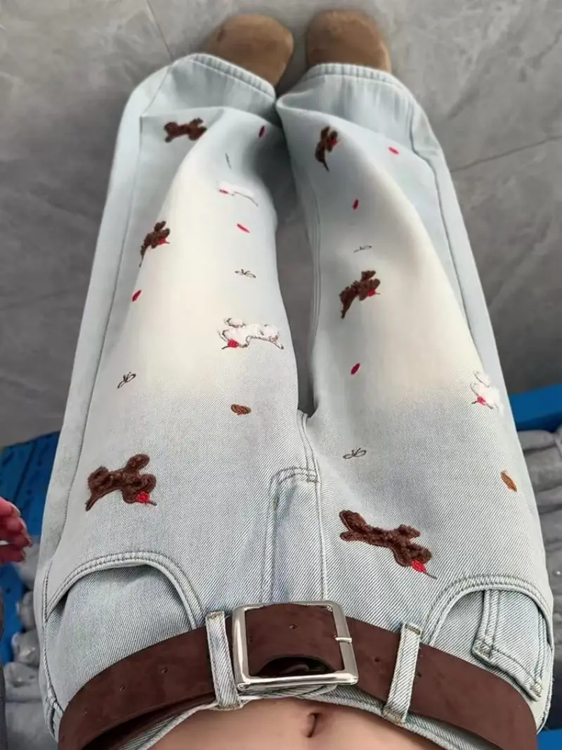 

Retro American Light Blue Denim Jeans Women's High Waist Straight Leg Floor-Length Pants Embroidered Dog Design Loose Fit