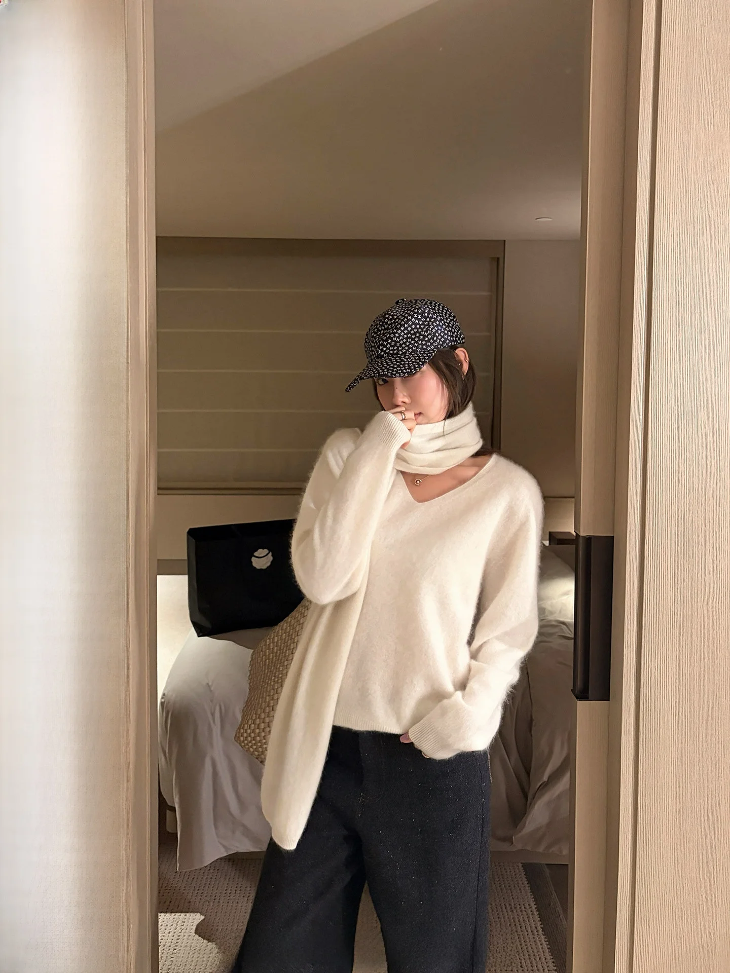 

Ranwear Soft Fce Thiened V-ne Sweater Scarf Set Women's Comfortable Casual Long Sve Woolen Knitted Wear for Daily Use