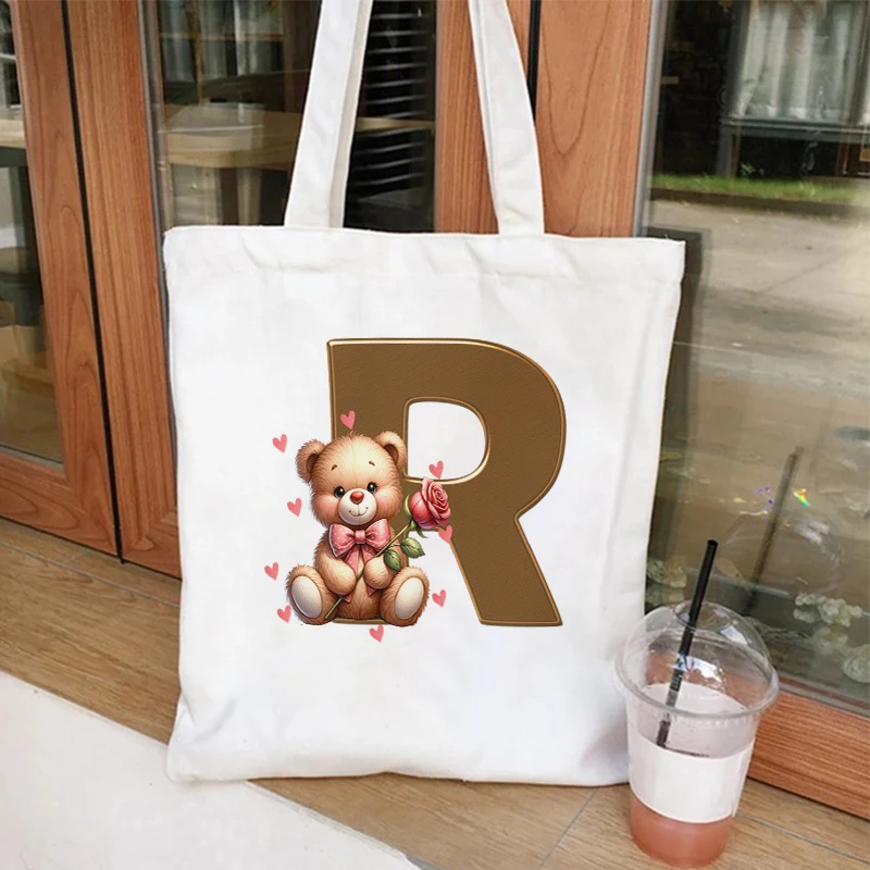 Torebki damskie Bacherlette Party Kawaii Bear Flower 26. Alphabet Tote Bags Shopping Bag Canvas Girls Tote Bags Shoulder Bag