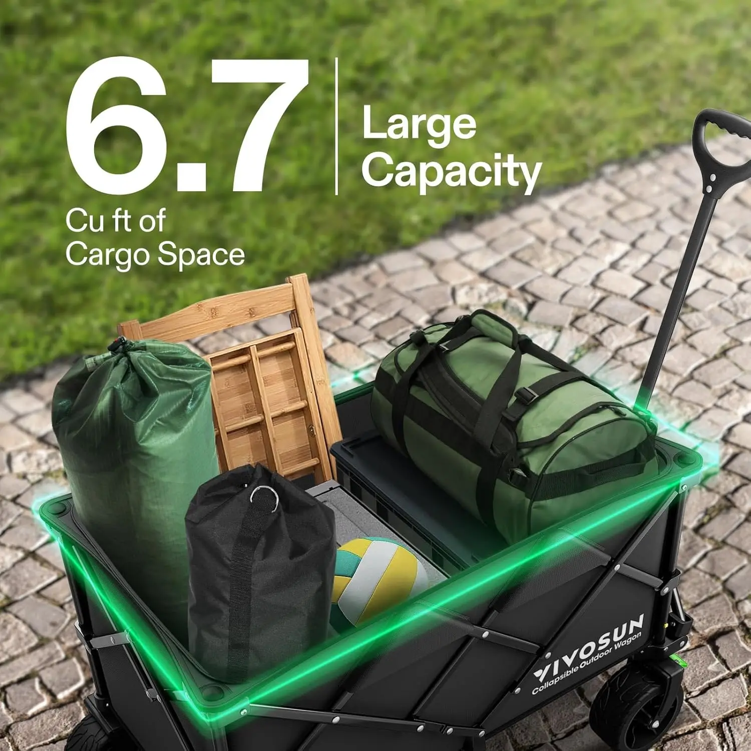 عربة قابلة للطي مع عجلات صامتة لجميع التضاريس، ومقبض قابل للتعديل، وحاملات أكواب وجيوب للاستخدام الخارجي