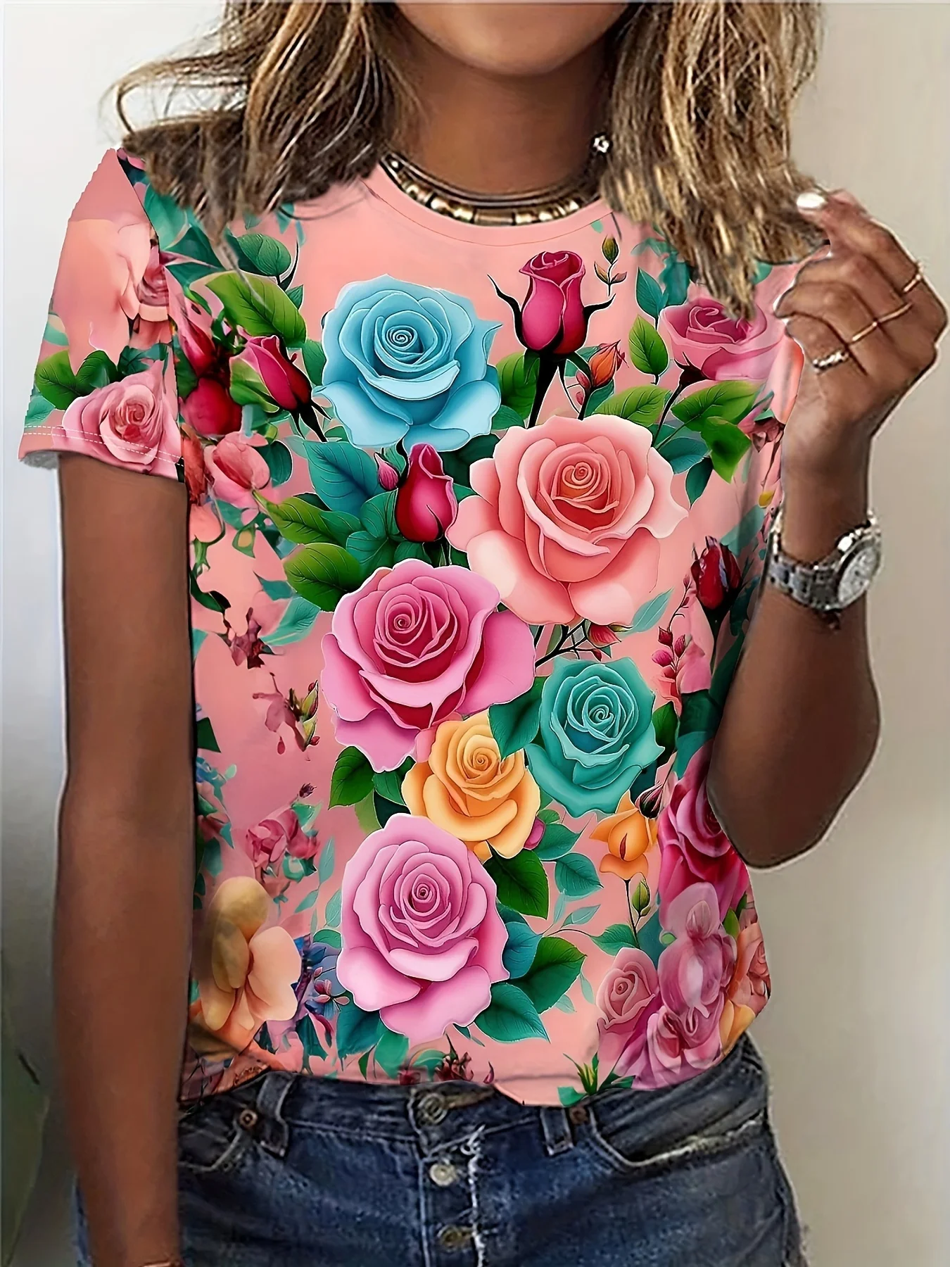 T-shirt rose pastel pour femme - Motif graphique rose multicolore vibrant, design floral audacieux pour un usage quotidien décontracté