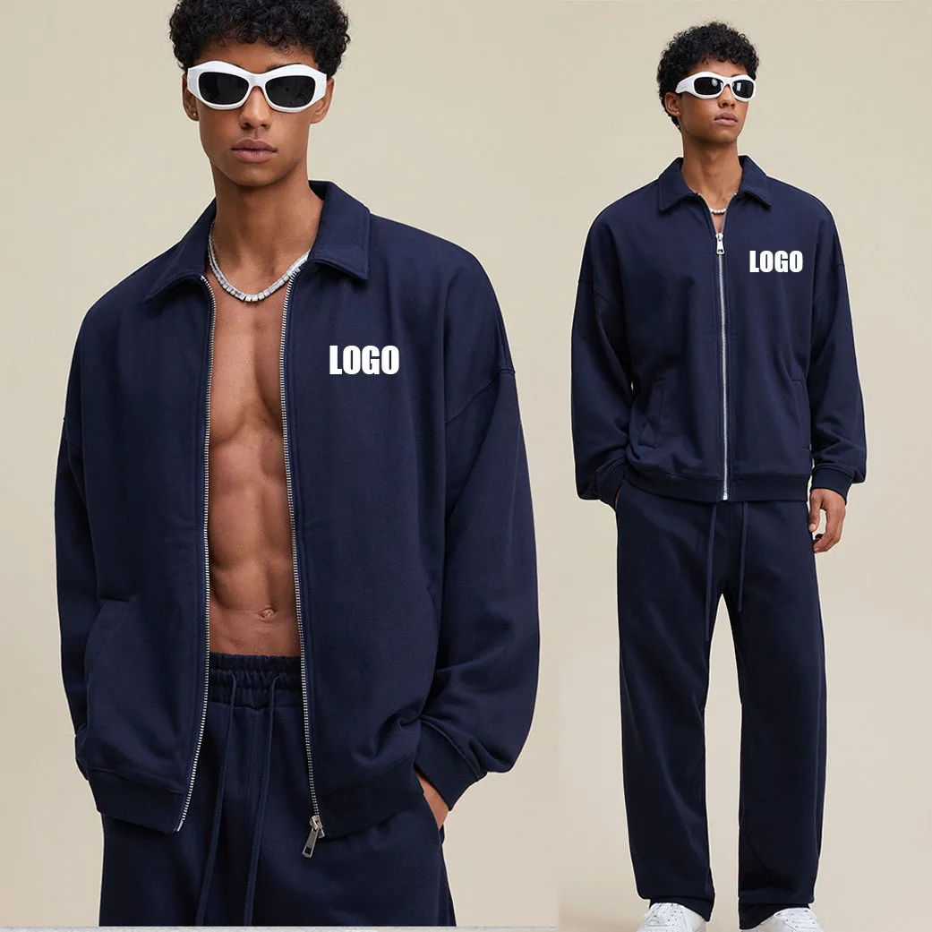 Custom LOGO men's new 445G heavy cotton polyester spring and autumn high-end tooling lapel sweater jacket