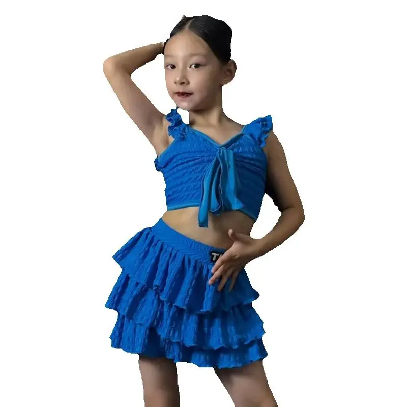 Costume de concours de danse latine pour enfants, vêtements de danse professionnels pour filles, costumes de danse latine Samba bleu SL13376