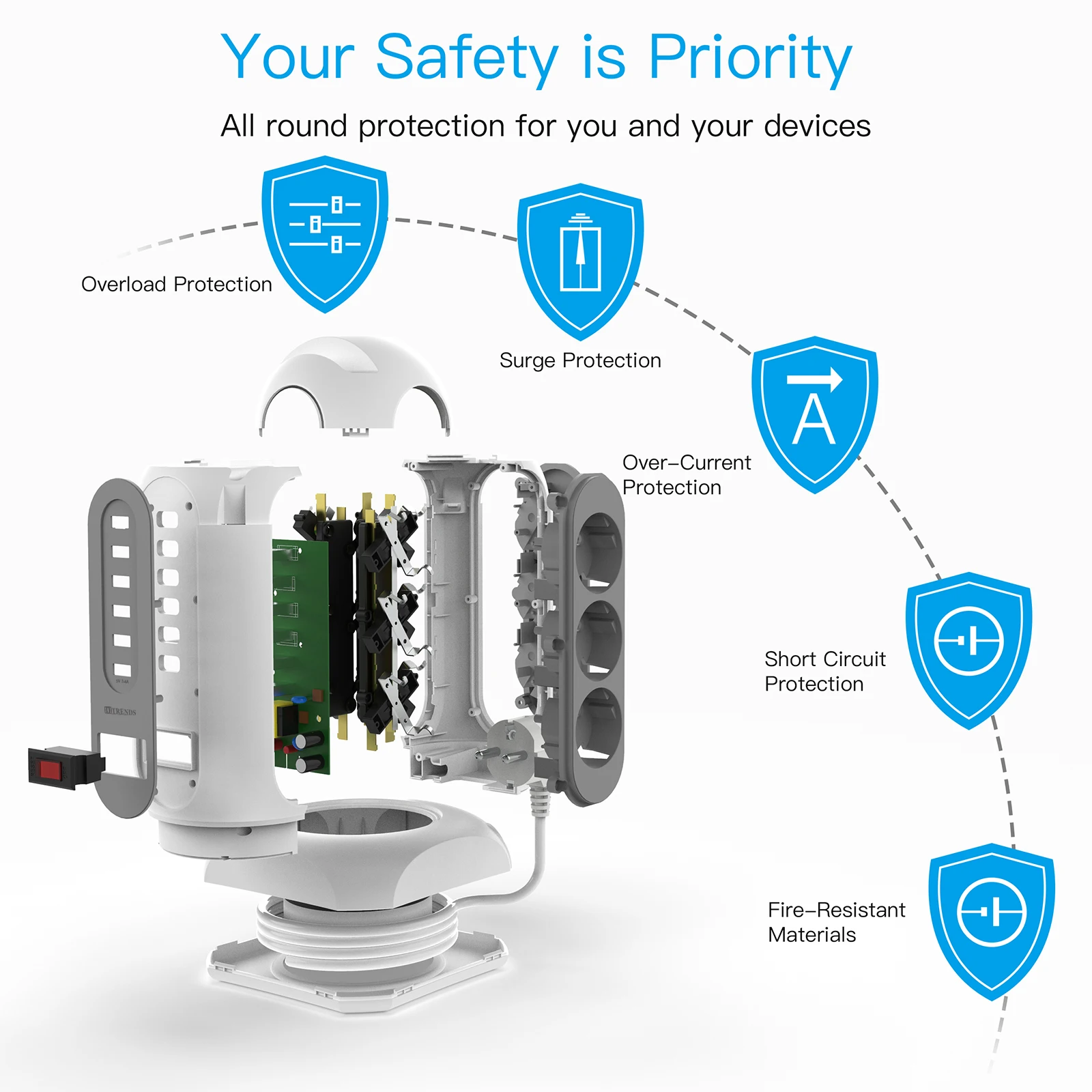 15-in-1 tower power strip 2500W, 9 sockets, 6 USB charging ports, retractable 1.8-meter extension cord expansion plug image 5