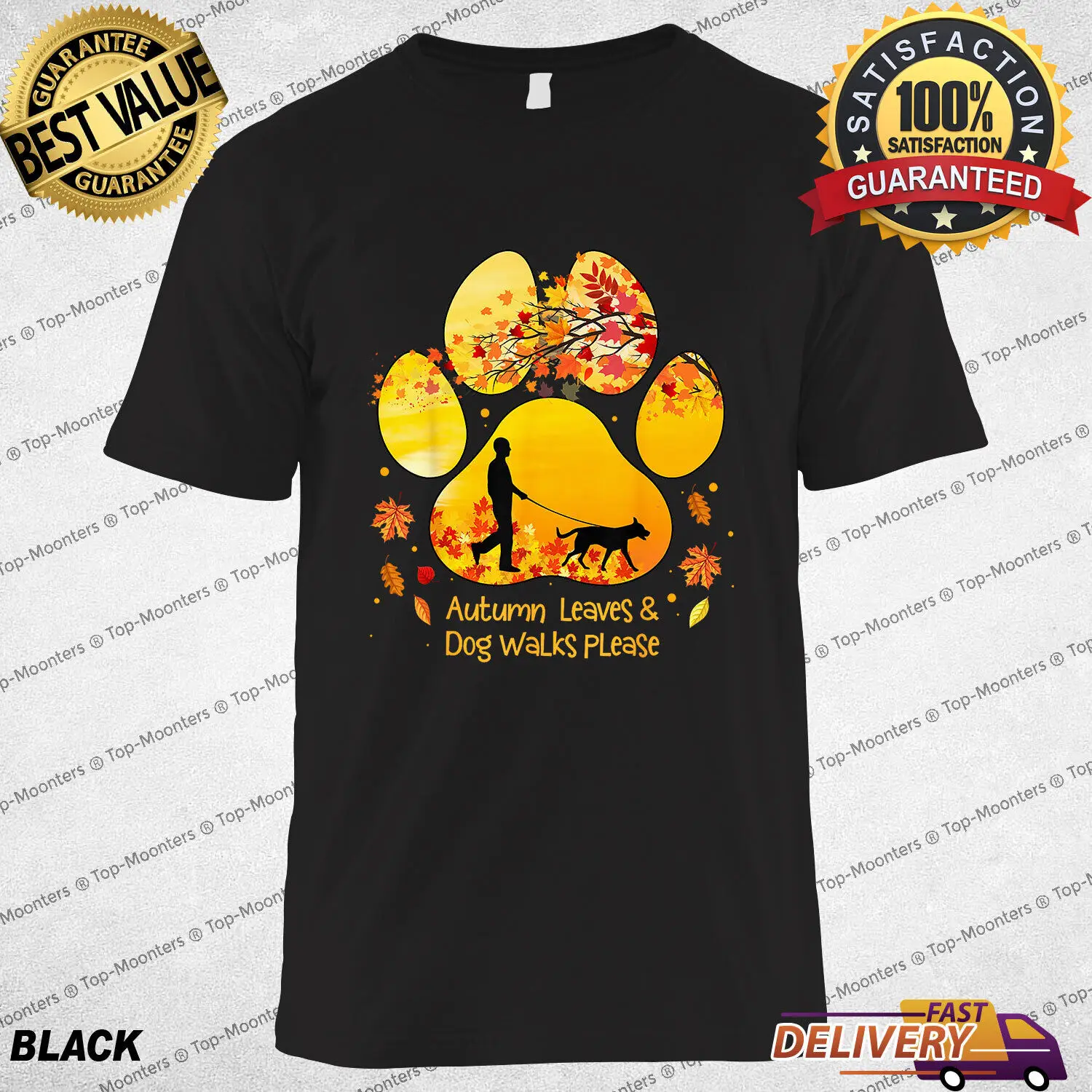 

Autumn Leaves Dog Walk Design with Paw Print for Fall Dog Lover T-Shirt