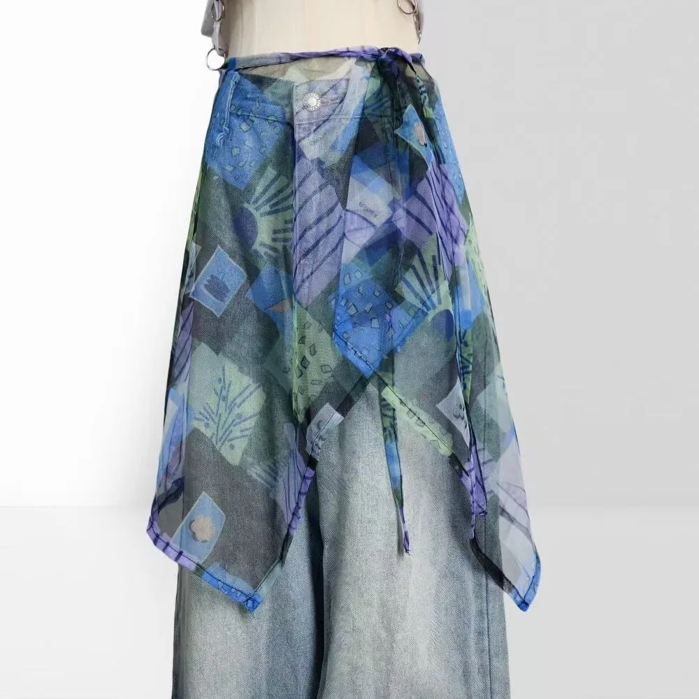 

Юбка миди с высокой талией, кружевная, с боковым разрезом, прозрачная, на шнуровке, в стиле Харадзюку Y2K, уличная мода, длинная кружевная юбка, с декоративным шарфом на бедрах