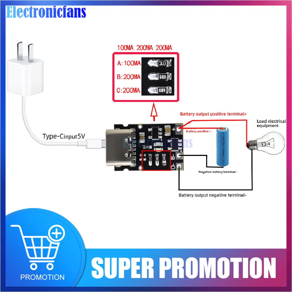 DC 5V to 4.2V TYPE-C Interface Ternary Lithium battery Charging Discharging Integrated Charging Board 500/400/300/200/100mA