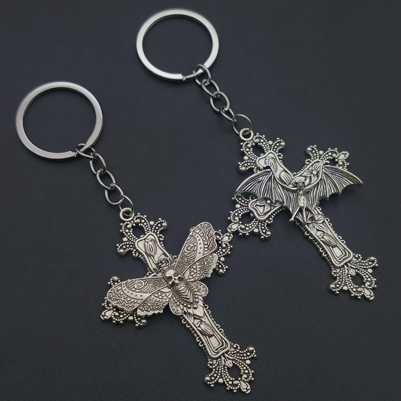 대형 박쥐 크로스 키 체인 펜던트 꽃 선조 빅토리아 빈티지 고딕 그녀의 보호 부적을위한 훌륭한 선물