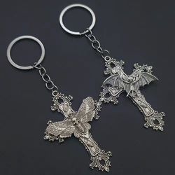 Large Bat Cross Keychains Pendant Floral Filigree Victorian Vintage Gothic Style Great Gift for Her Protection Amulet