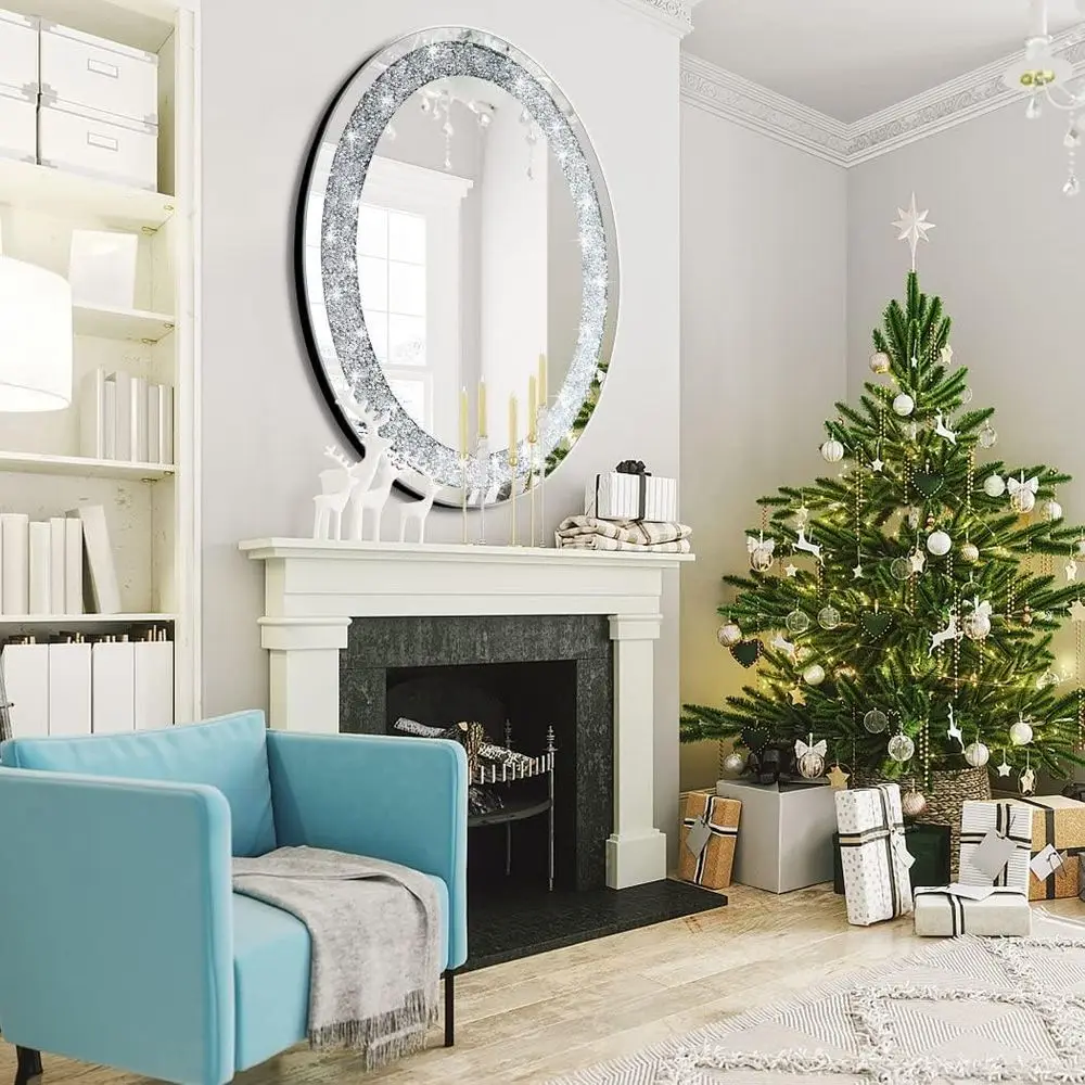 화려한 타원형 은색 거울, 24x32 인치, 프레임 없는 벽 장식, 반짝이는 유리, 세련된 홈 액센트