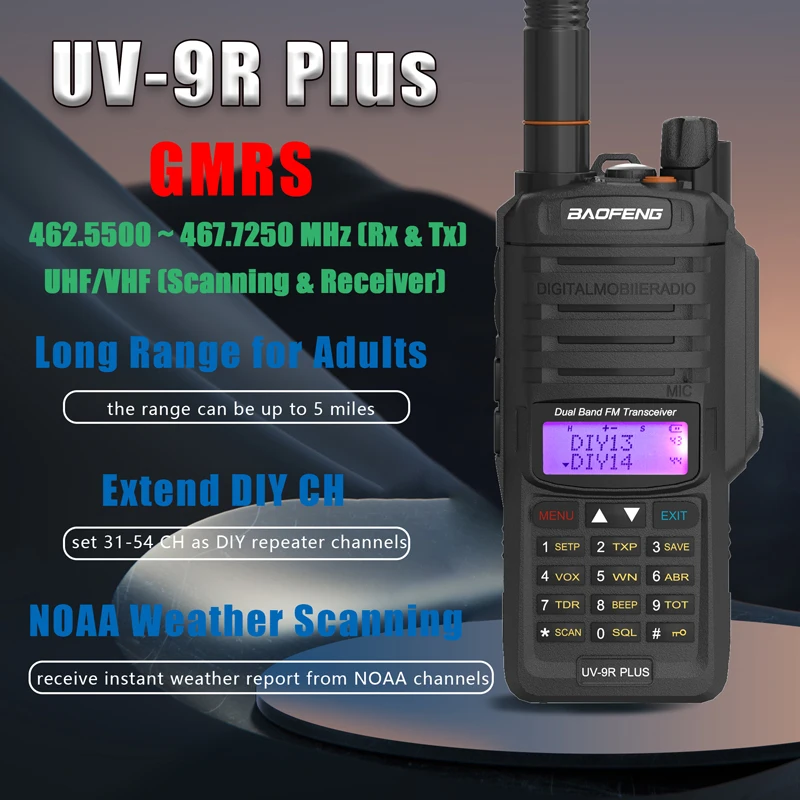 Baofeng UV-9R Plus IP67 Waterproof Walkie Talkie 30 GMRS Channels Long Range 1-5KM VHF UHF NOAA 128 Channels USB-C Charger UV-9G