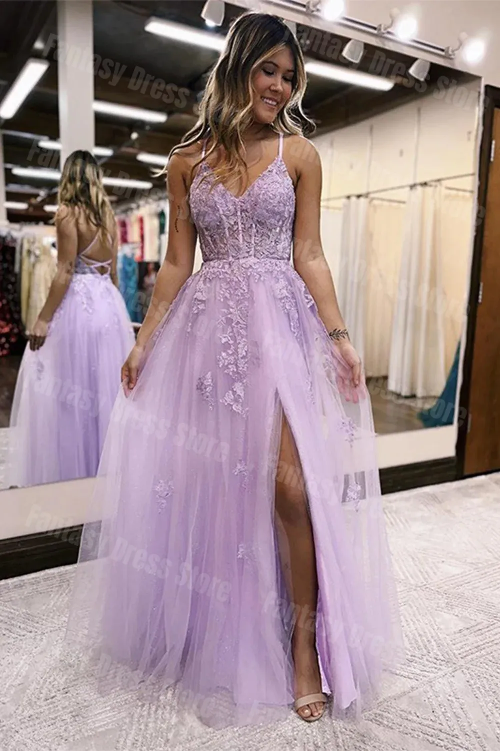 

Elegant Purple Lace A-line Evening Dresses Sweetheart Spaghetti Strap Sheer Side Split Sticker Floral Back Birthday Porm Gowns