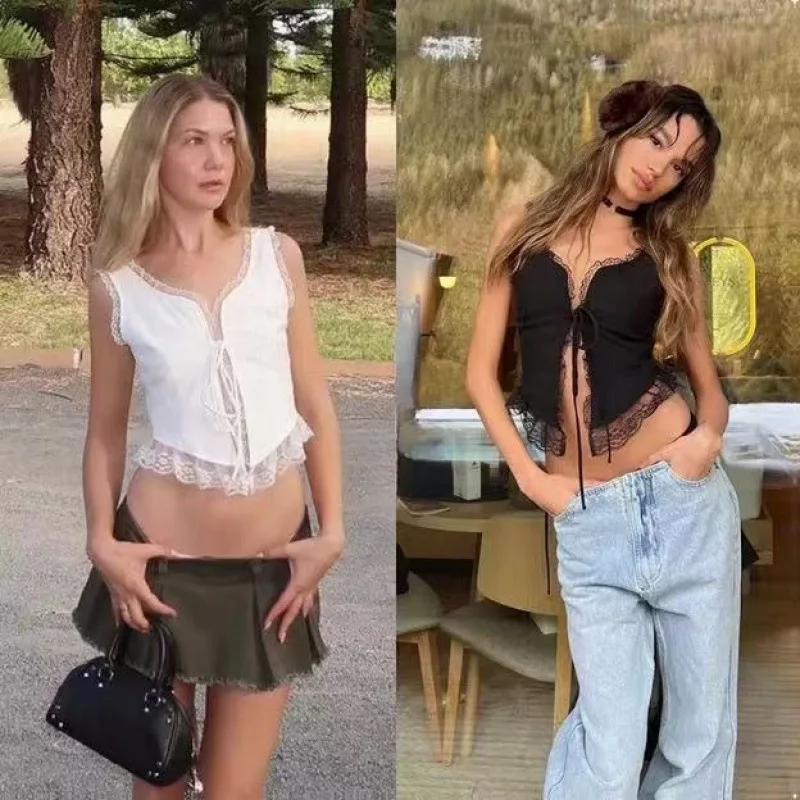 

Lioness 2025 New Summer Hot Girl Lace-Trimmed Strappy Tank Top for Women with Open-Back Spaghetti Straps