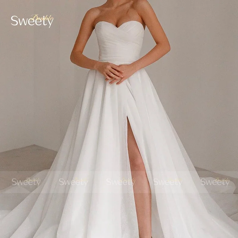 Simplicity Wedding Dress Slit A Line Ball Gown Ruffled Organza Beach Strapless Sleeveless Bride Dress Back Button Robe De Mariee