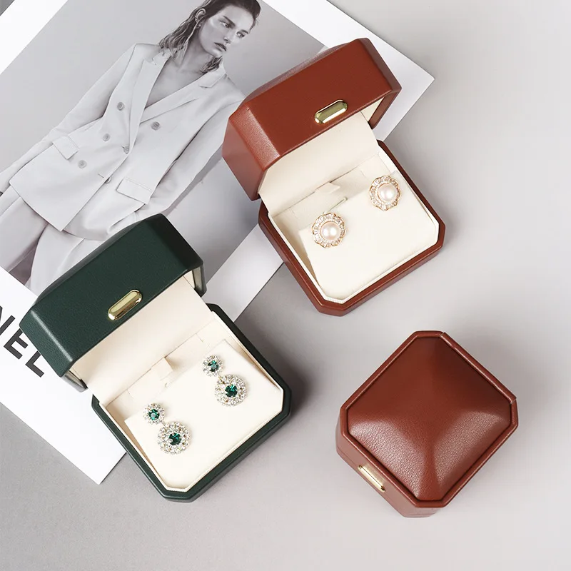 Elegant Dome Octagonal Slant Mouth PU Jewelry Box Gold Logo For Ring Bracelet Pendant Gift Box Wholesale Ready Stock