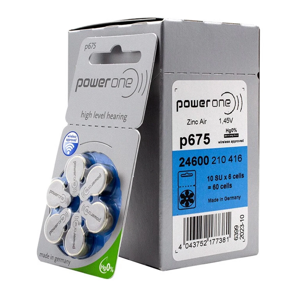 60 PCS Powerone Zinc Air Baterias para aparelhos auditivos 675 P675 A675 para aparelhos auditivos BTE atacado transporte da gota