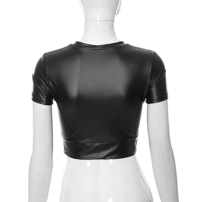 2024 European and American women\'s tight T-shirt spring and summer new shiny patent leather cross crop top amazon hottie crop z