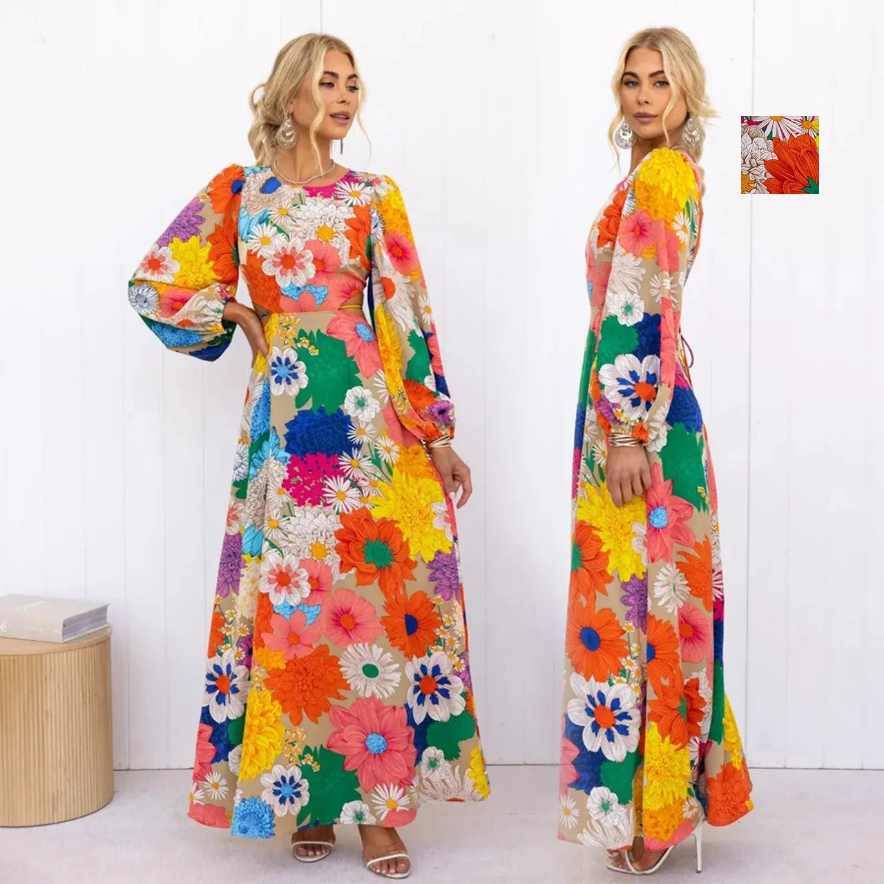 Robe imprimée à la mode pour nouvel an, automne et hiver, col rond, manches lanternes, taille, 132