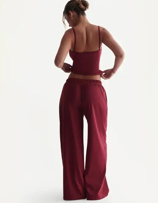 Two Piece Set Women Outfit 2026 Spring New Square Collar Sleeveless Slim Fit Cami Top & High Waist Casual Wide Leg Pants Set