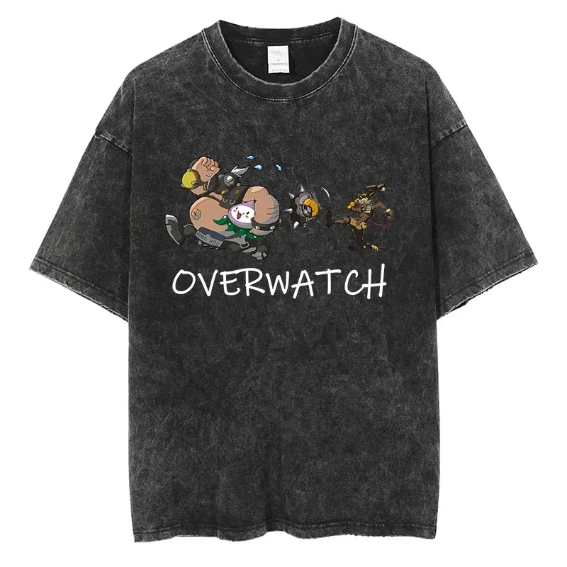 Overwatch T Shirt Cute Cartoon Styl Roadhog Chris Parson Print T-Shirt Y2k Hip Hop Street Men Women Oversized Loose Tees Cotton