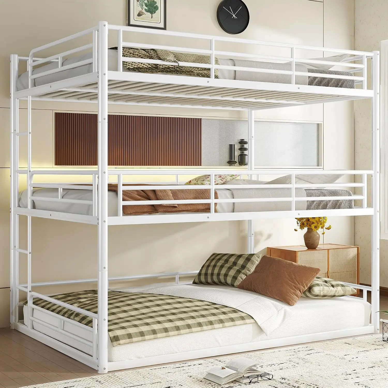 Modern Queen Size Triple Bunk Bed, Metal Heavy-Duty Bunk Bed Frame with Safety Guardrails and Ladder, Noise-Reduced, Customized