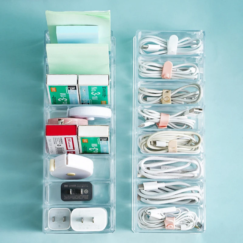 The transparent plastic Data Cable Storage Box household cable MobilePhone Charger Charging Cable Finishing Box Divided Grid Box