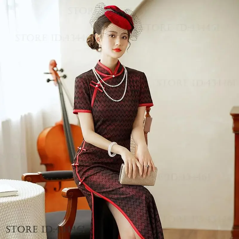 

Spring Simmer Elegant Short Sleeve Cheongsam Vintage Print Lady Long Qipao Classic Mandarin Collar Chinese Dress Sexy Vestidos