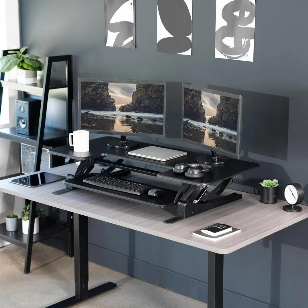 

48 inch Height Adjustable Large Stand Up Desk Converter, V Series, Quick Sit to Stand Tabletop Dual Monitor Riser Workstation