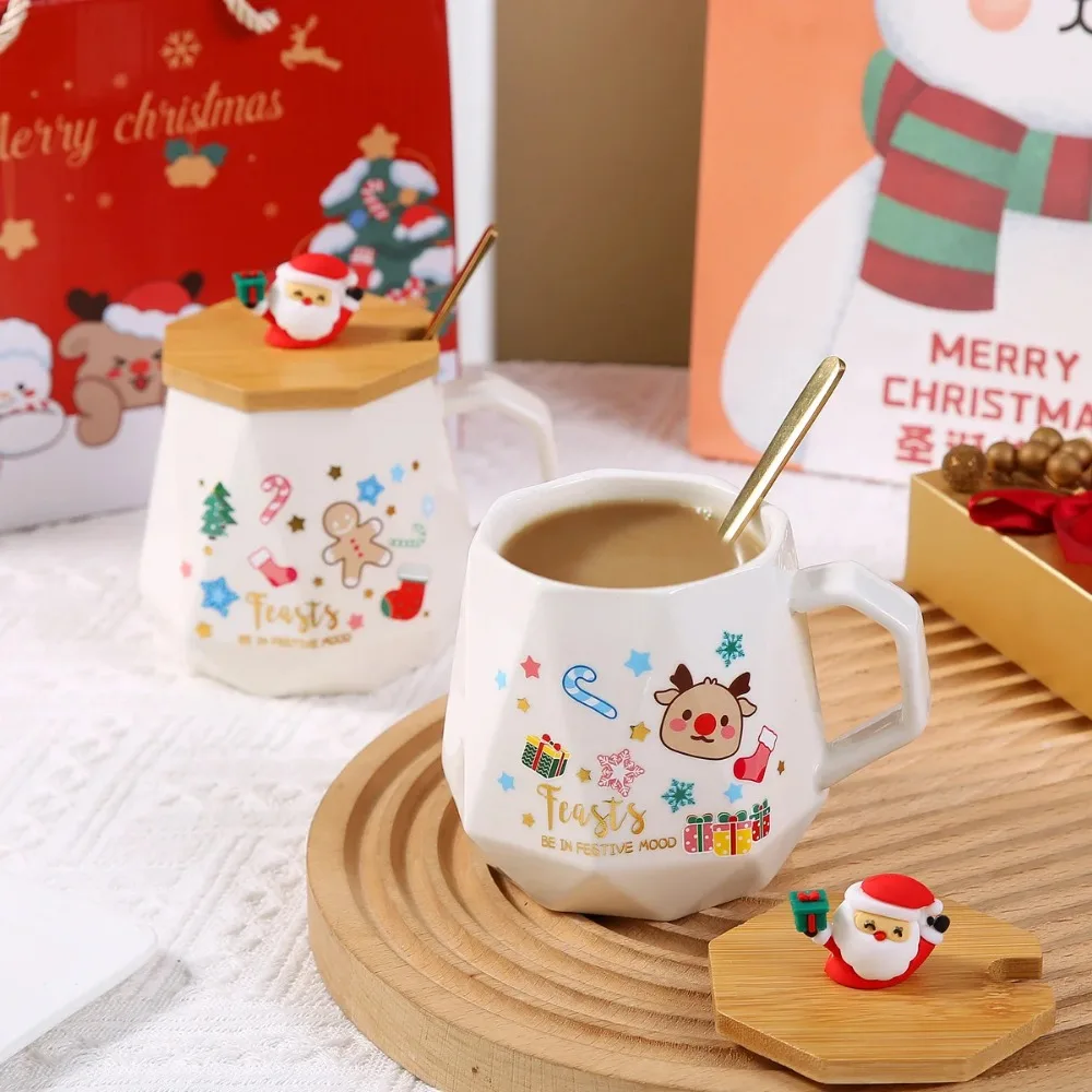 Warm 55℃ Ceramic Mug with Lid Spoon Set Mug Gift Box Featuring Santa Claus for Office or Home Use CoffeeCups Christmas Gift Set
