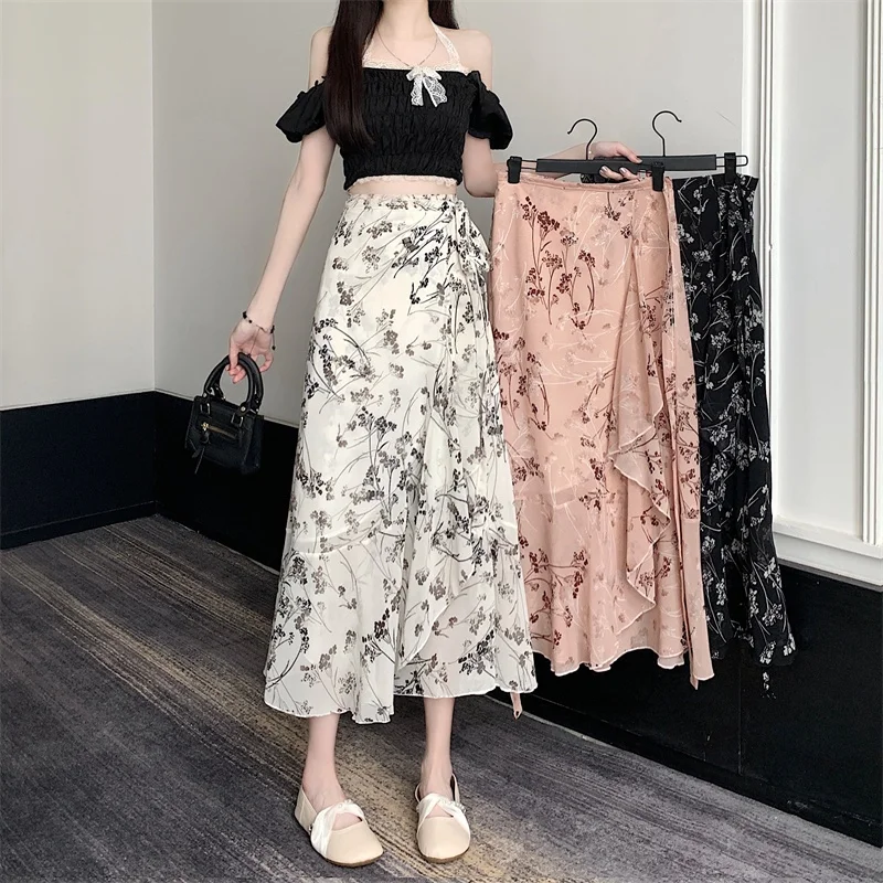 

Женская юбка миди с цветочным принтом из шифона, с завышенной талией, весна-лето, модная винтажная юбка со сборками