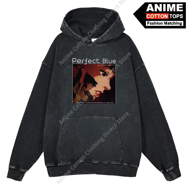 Retro Anime Perfect Blue Print Hoodies Cotton Washed Vintage Oversized Sweatshirt y2k Harajuku Street Unisex Loose Tracksuit Top