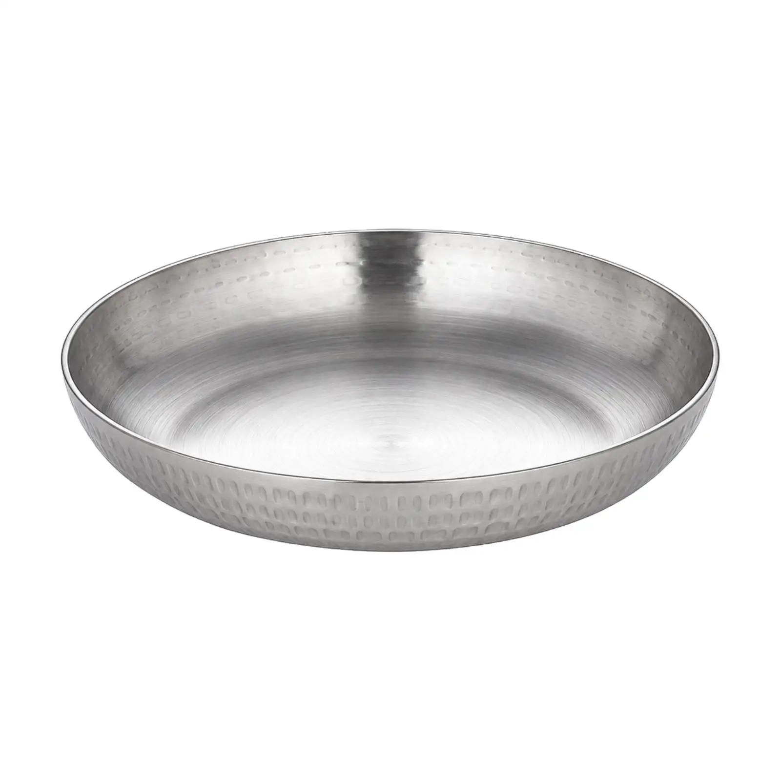 Round Steel Dinner Plate Brushed Radial Interior Flat Base Sturdy Serving Dish for Steak Appetizers Family Meals