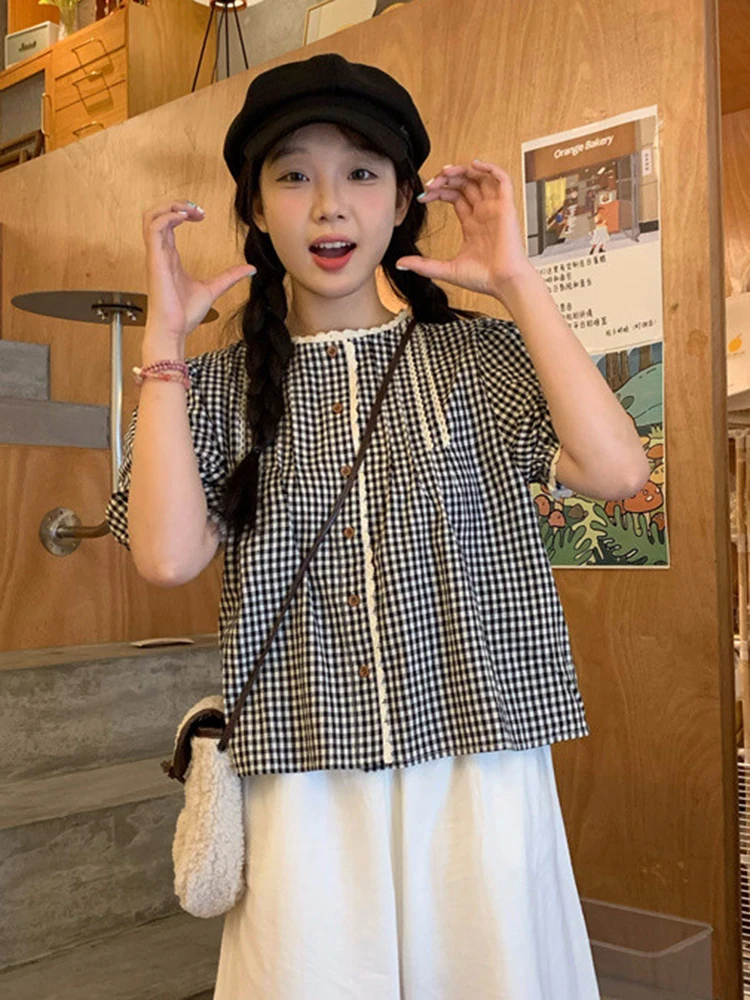 

Retro Kawaii Plaid Shirt Women Casual O Neck Short Sleeve Blouse Japan Cute Loose Preppy Style Vintage Female Sweet Tops